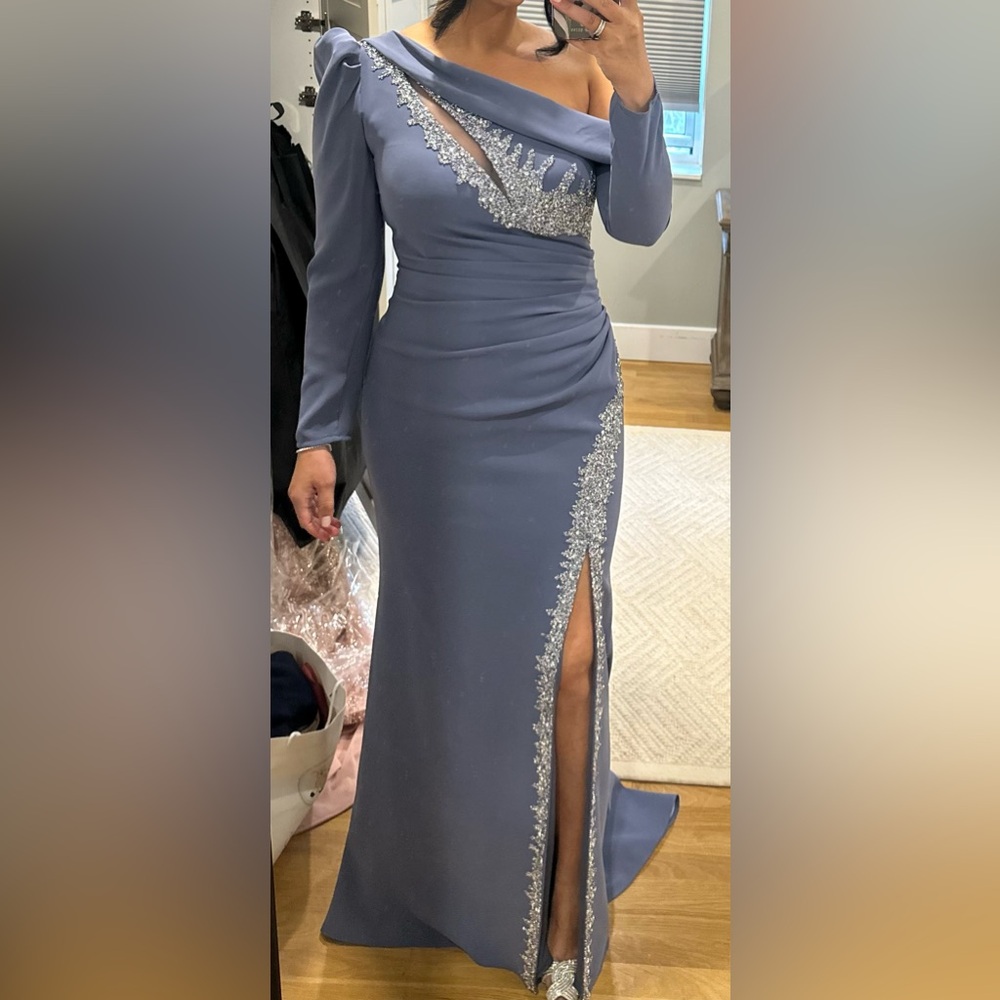 Elegant Blue Evening Gown with Silver Accents Custom Made